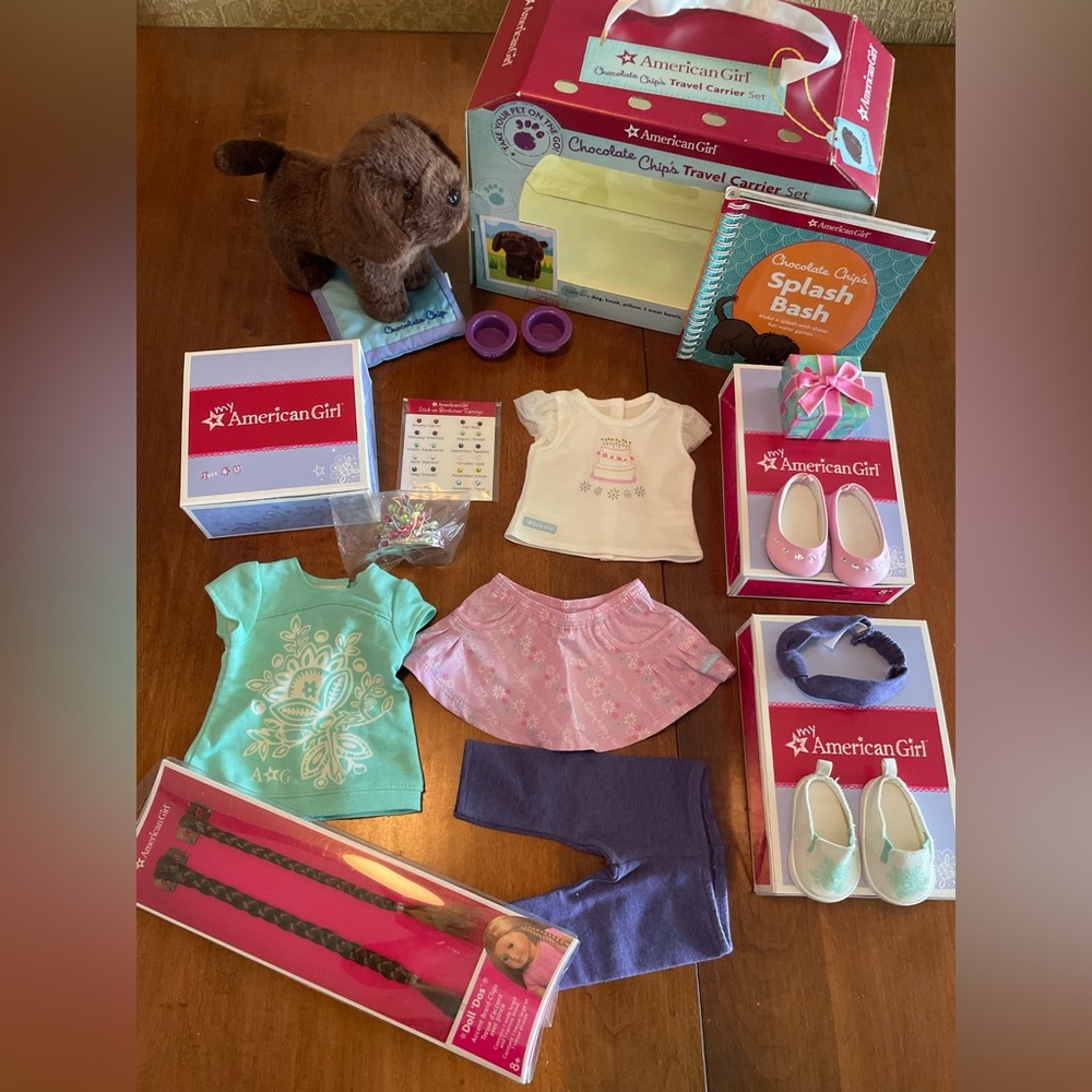 American Girl Happy Bday set, 2 outfits w/shoes, tiara, puppy & a clip on braid!